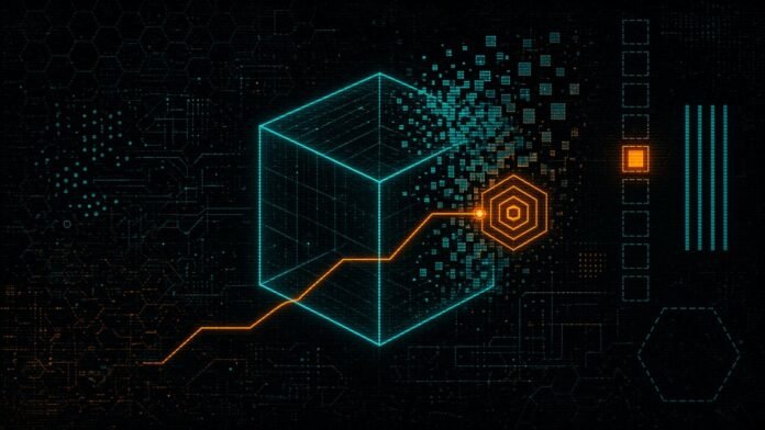Symbol-only illustration of a wireframe cube room whose far wall dissolves into pixel blocks with a node walking a path through it, beside a stack of eight dashed squares with one highlighted and four thin bars, and a dashed hexagon in the corner.