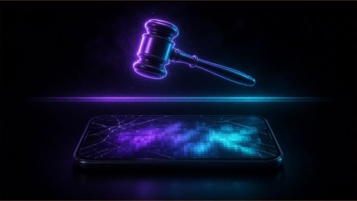 Ofcom Weighed Grok Court Order, Bar Too High: MLex | TSN Illustration of a glowing gavel suspended above a cracked smartphone screen showing blurred pixels, separated by a barrier line.