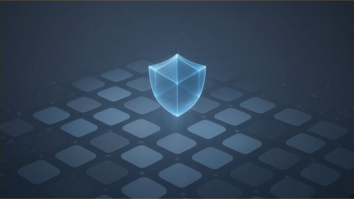 Illustration of a translucent glowing shield hovering over a grid of blank muted-blue tiles