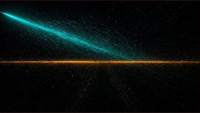 Illustration of Ofcom information notices concept in teal and amber: a teal beam of light sweeping across scattered particles above a level amber line of light.