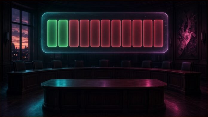 Illustration of a committee room with a glowing ledger of eleven slots, two green and nine red