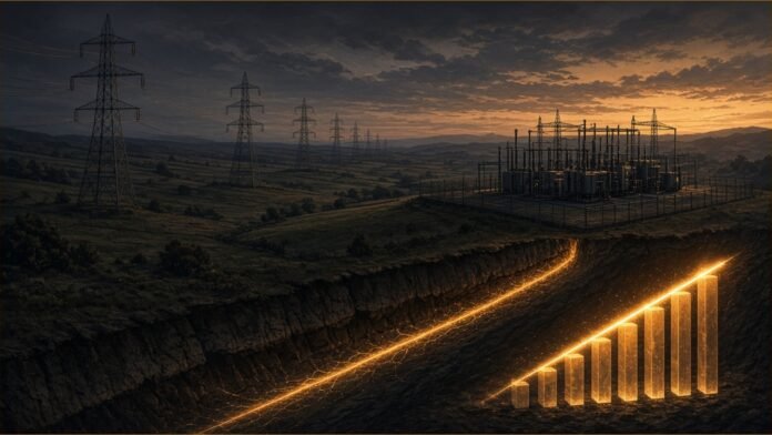 Ofgem Approves £642.1m Bramford Upgrade | TSN Illustration of pylons, a substation and a glowing buried cable path across countryside.