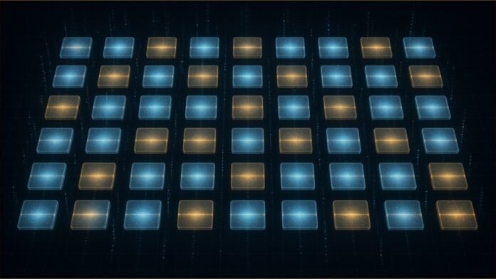 Illustration of a grid of glowing translucent tiles, about a third turned amber with barrier lines