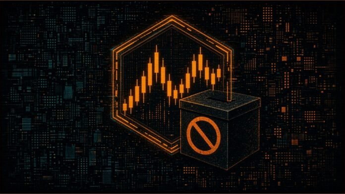 Stock-ticker bars wrapped in a translucent X-shaped token shell with a no-vote mark