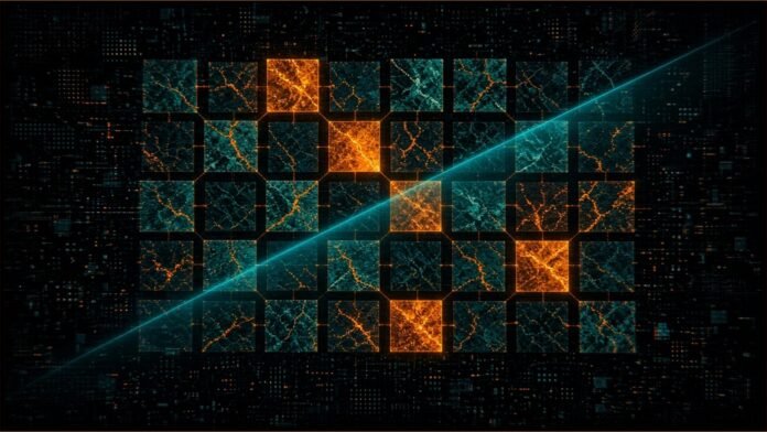Illustration of a floating grid of false-colour terrain tiles, some glowing amber, linked into a lattice and crossed by a cyan scan line