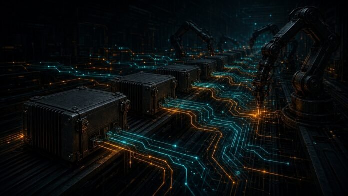 Rugged industrial computers along a factory line linked by glowing circuits