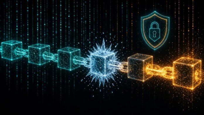 Blockchain blocks with one frozen link as the chain relights beside a shield