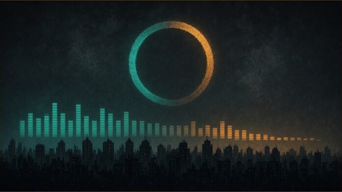 Illustration of a city skyline under draining signal bars and a slow-loading ring.