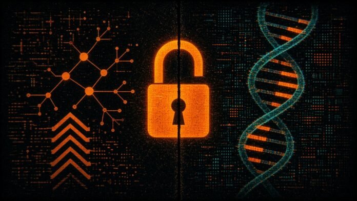 A glowing amber open padlock between a branching node network and a teal DNA double helix on a dark patterned wall.