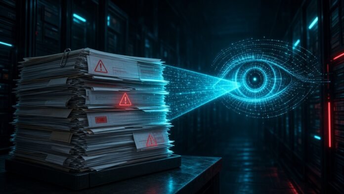 Neon AI eye scanning a stack of flagged case files