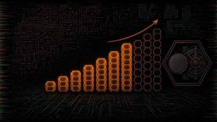 A rising stepped bar chart of glowing hexagonal tiles with two dotted projection bars and an arrow, beside a vault-door hexagon.