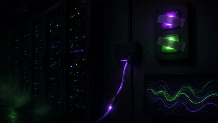 Illustration of a server room alarm panel with taped-over lights and an unplugged monitoring cable