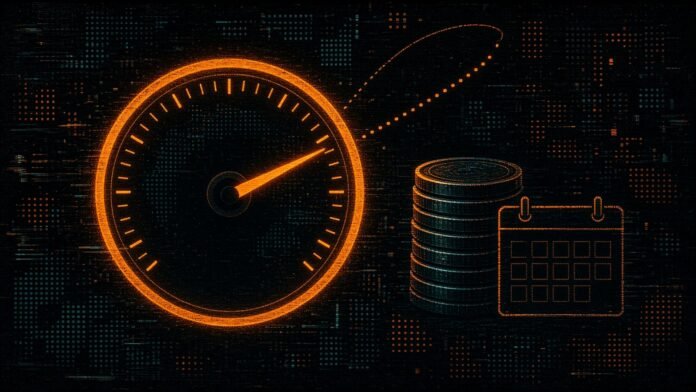 A glowing amber speedometer dial with its needle at a high mark and a dotted ghost arc extending beyond it, beside a stack of coins and a blank calendar page.