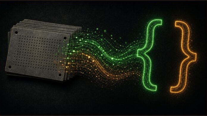 Illustration of old punch cards streaming into glowing code brackets.