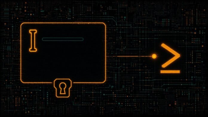 A text cursor in an empty message box with a faint suggestion line and a tab key, beside a glowing dot linked to a terminal prompt.