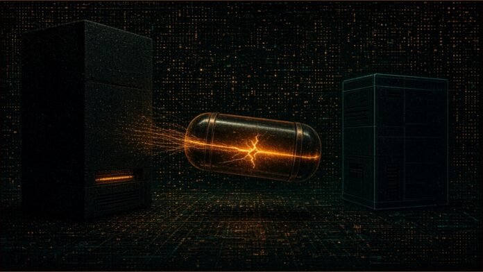 Illustration of a cracked amber capsule leaking threads of light as it passes between two dark server towers, one outlined in teal