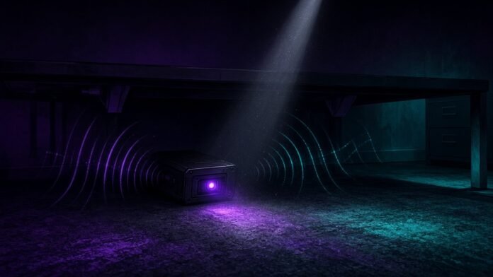 Tiny glowing recording device hidden beneath an office desk lit by a red scan line