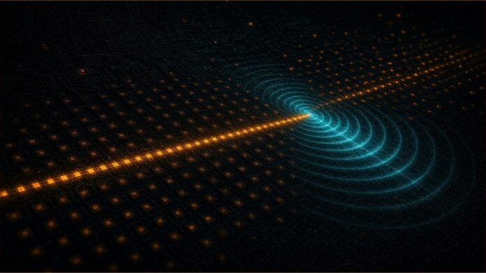 OpenAI Says AI Refuted the Exponential Time Hypothesis | TSN Illustration of a lattice of amber switches with one lit path cutting straight through and teal ripples converging to a point