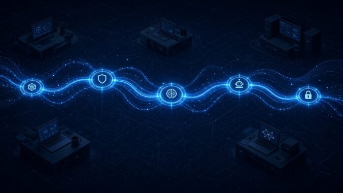 OpenAI Says Agents Now Drive Most EU Enterprise ChatGPT Use Field of glowing nodes of varied brightness linked by streams of small agent-shaped light packets