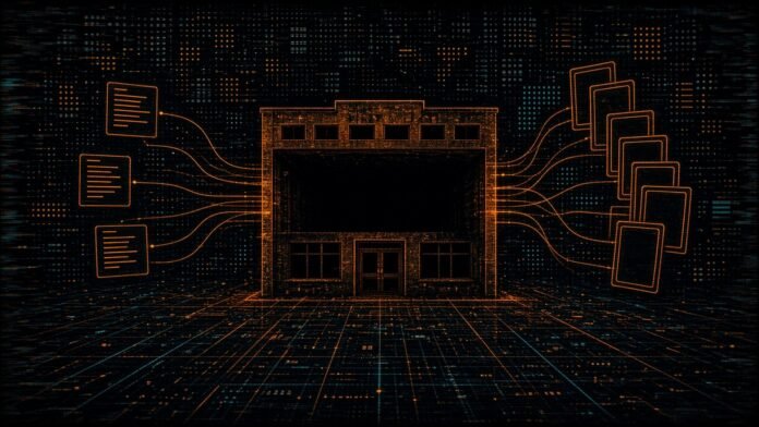 OpenAI Disrupts Russian and Iranian A hollow amber building facade with nothing behind it, threads running out to blank news-column cards on one side and a fan of blank ID cards on the other.