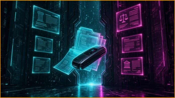 Glowing sealed document icons streaming out of a locked vault door along a thin data line