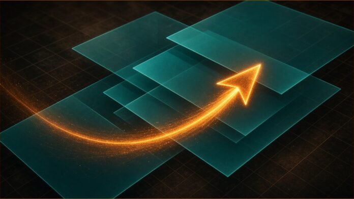 OpenAI Launches GPT-6.1 Terra at Half Sol's Price | TSN Illustration of a glowing amber cursor arrow gliding across blank translucent teal panels on a dark grid