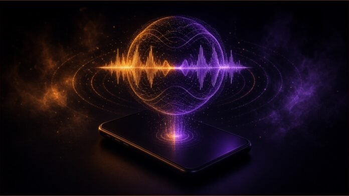 A glowing orb with a voice waveform floating above a phone.