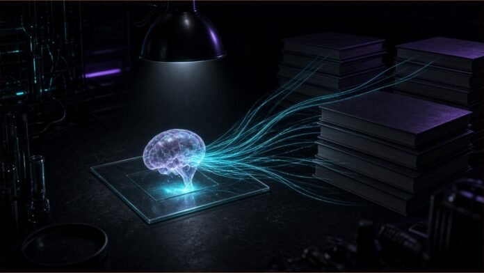 OpenAI's GPT-Rosalind Agents Mine a CRISPR Brain Atlas | TSN Illustration of a glowing brain slice on a lab slide with cyan threads running to stacks of journals