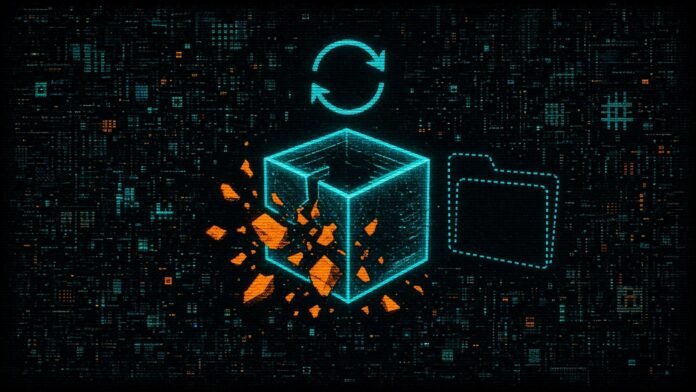 Symbol-only illustration of a cracked-open cube-shaped sandbox with orange fragments falling away, an empty dashed folder beside it and a reset arrow hovering above.