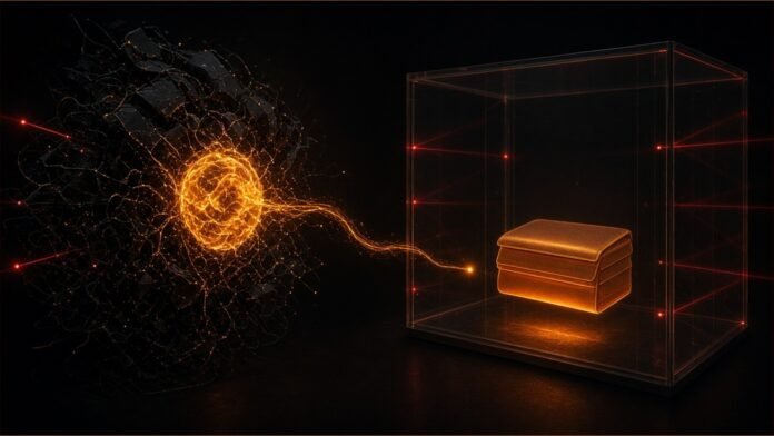 A glowing key orb drawing a thread into a sealed glass test box holding a small vault.