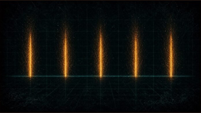 OpenAI Rebuilds Model Spec Around Five Values | TSN Illustration of five amber pillars of light on a thin teal line over a faint grid.