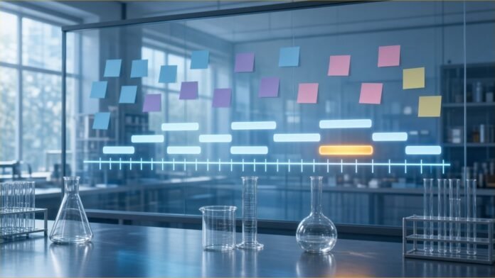Illustration of a glass project board with sticky notes and a timeline, one task glowing amber, above lab glassware