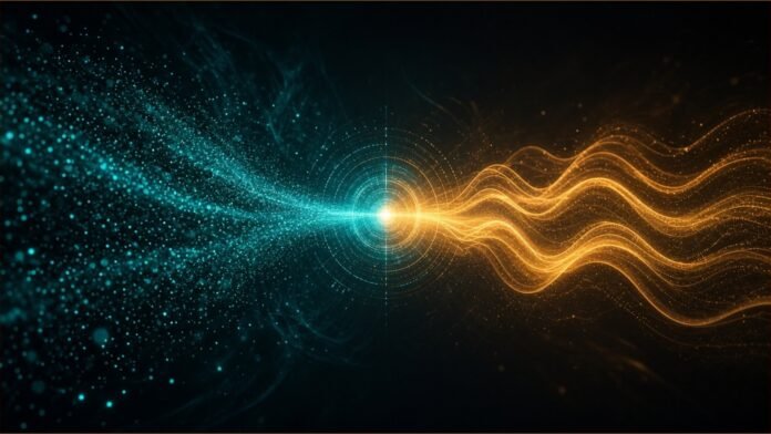 Teal particles flowing into a bright core and emerging as amber sound waves.