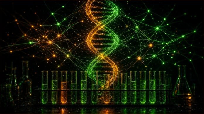 A glowing DNA helix over a rack of lab test tubes on a dark network grid.