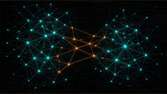 Illustration of two teal node networks joined by amber connecting lines.