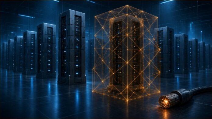 OpenAI Takes Frontier Model Training Offline | TSN Illustration of a server tower enclosed in a lattice of amber barrier planes in a blue-lit hall, with a severed cable on the floor