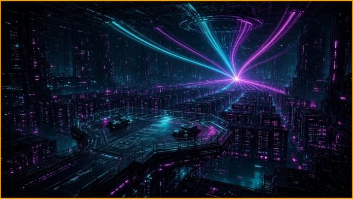 Glowing control key passing between two circuit nodes above a field of server racks and power lines