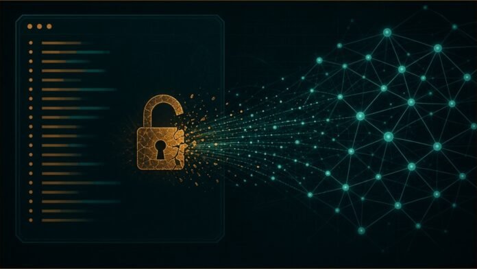 OpenCode Discloses Breach Tied to Distillation Attack | TSN A broken padlock on an abstract developer console with data streaming into a network of nodes.