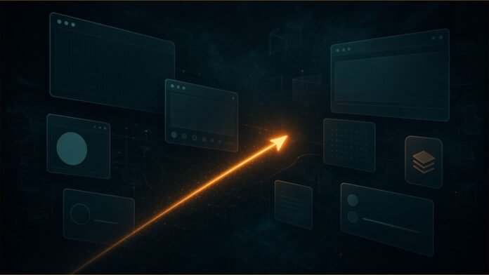 Alibaba Team Open-Sources OpenGCUA Agent Stack | TSN An amber cursor beam moving among blank floating desktop windows.