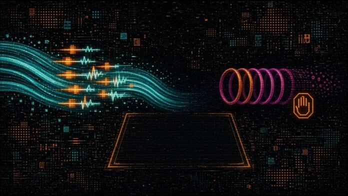 Illustration of a glowing cyan fibre strand carrying light pulses beside a fading magenta copper coil with an orange stop hand.