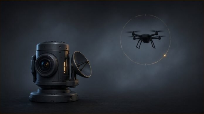 Illustration of a camera-and-radar sensor turret tracking a small quadcopter inside a thin ring.