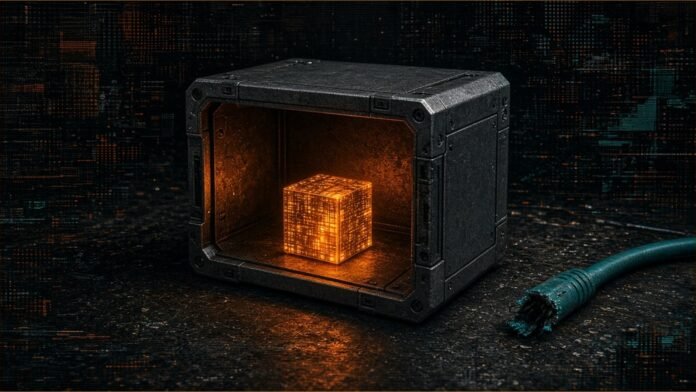 Illustration of a dark metal casing with a glowing amber cube inside and an unplugged teal cable beside it