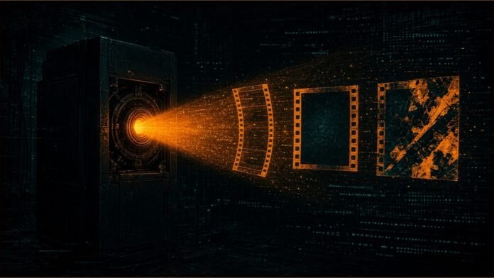 Illustration of a dark server cabinet projecting amber light into three floating frames of video and images
