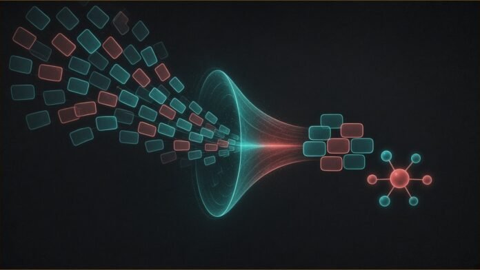 Illustration of record cards filtered through a glowing funnel into a small group beside a molecule.