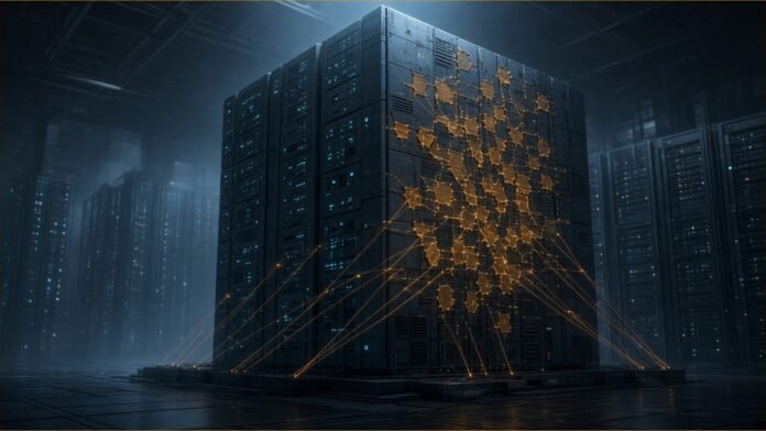 Oracle Ships 1,295 Security Patches in October CPU | TSN Illustration of a tall dark server stack in a cold data hall, with many small amber patches being stitched onto one section by thin beams of light