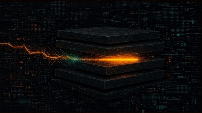 Illustration of a stack of dark slabs with one slab glowing from inside as a jagged amber probe line reaches into the gap.