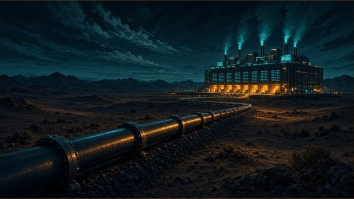 oracle-ferc-green-chile-pipeline-project-jupiter Illustration: short gas pipeline segment feeding fuel-cell stacks at a desert data-centre outline under a FERC docket stamp; rust and sand.