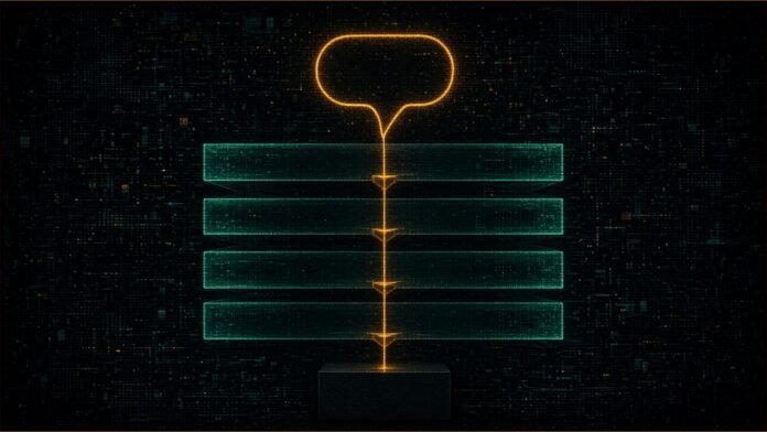 Illustration of an amber speech bubble feeding a glowing line down through four stacked teal slabs into a dark block