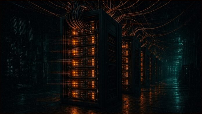 Illustration of rows of glowing server racks in a huge dark hall with cables rising to power lines