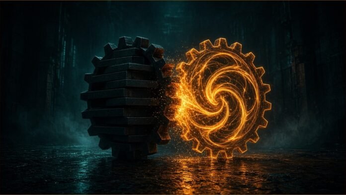 Oracle and OpenAI Expand Deal With 4 New Products | TSN Illustration of two glowing gears, one of stacked dark slabs and one of flowing light, meshing together in a dark hall